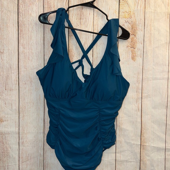 Other - Teal Ruffle-Shoulder One-Piece Swimsuit with Crisscross Back  ruched sides 2XL
